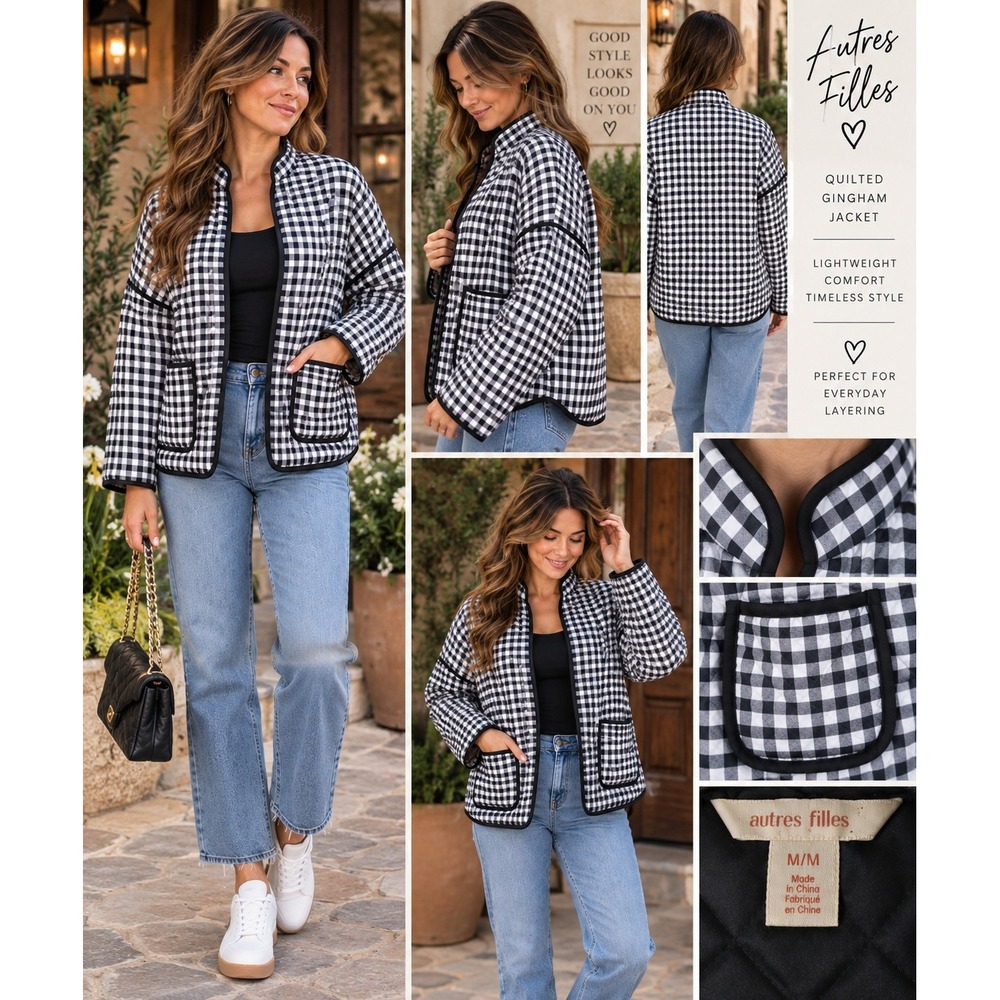 Autres Filles Quilted Gingham Jacket Black White Check Open Front Medium
